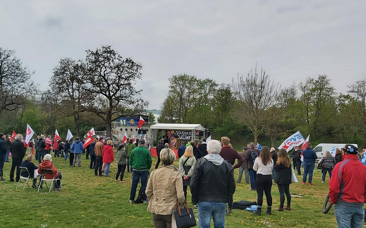 Demonstranten auf den mainwiesen mit buehne im hintergrund Demonstranten auf den mainwiesen mit buehne im hintergrund